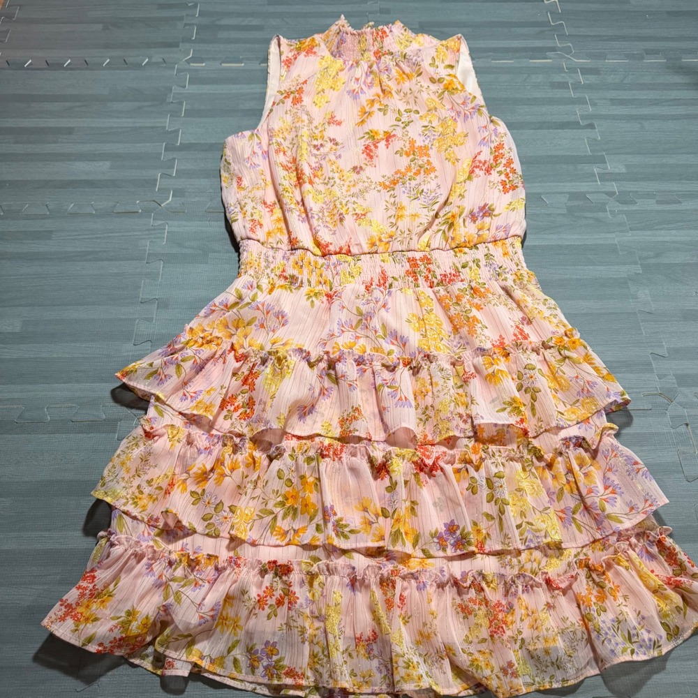 Size L Pink Floral Tiered Mini Dress